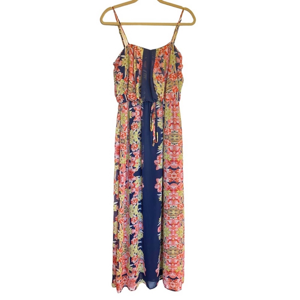City Studio Blue Pink and Yellow Floral Spaghetti Strap Maxi Dress Size Large